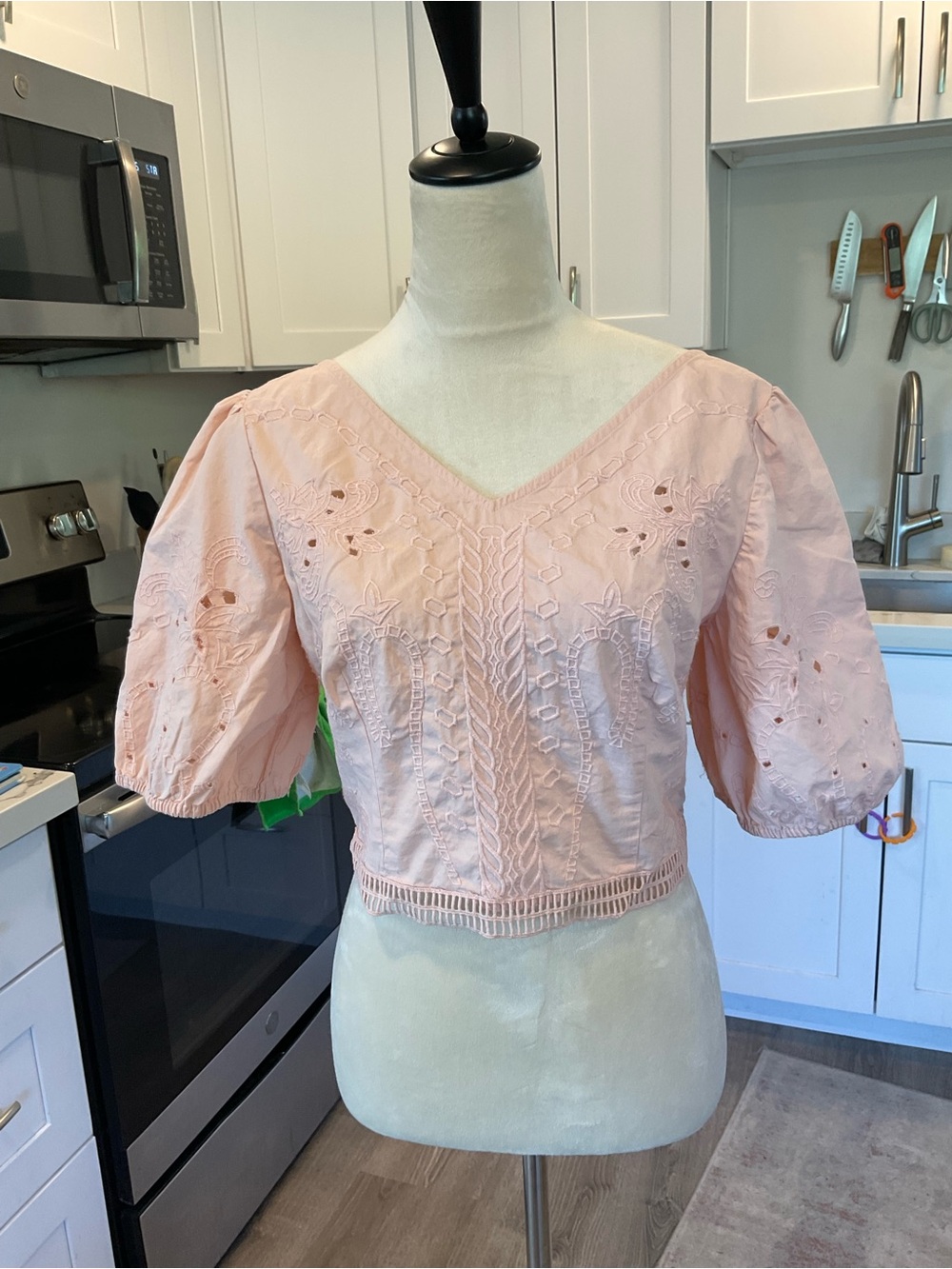 🧁Express Pink Eyelet Cropped V-Neck Puff Sleeve Embroidered Top Cottagecore
